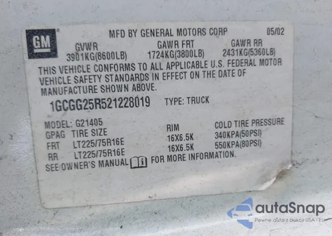 2002 Chevrolet Express G2500 from USA, damaged, VIN 1GCGG25R521228019